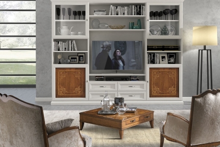 porta tv laccato bianco con ante colore noce intarsiate
