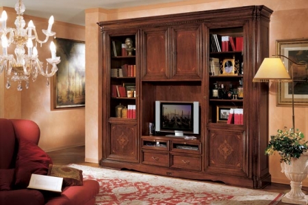 Soggiorno componibile intarsiato con ripiani in legno