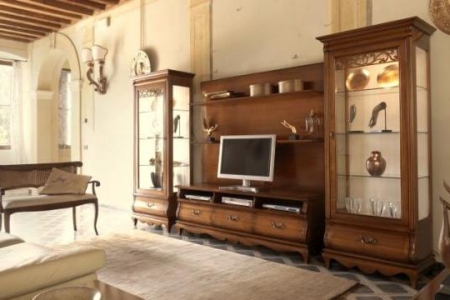 soggiorno noce con porta tv sagomato e 2 cristalliere