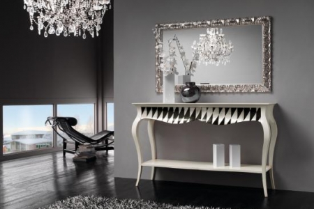 console sagomata laccata bianco con specchiera argento